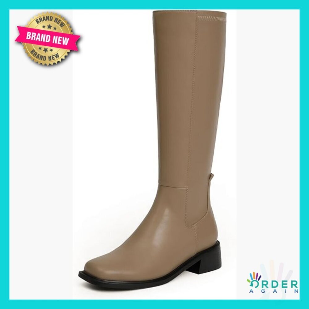 Faux Leather Knee High Boots Low Heel Square Toe Side Zipper Chunky Retro